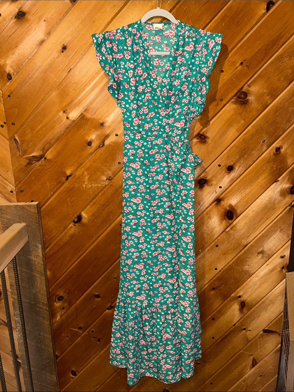 Jane Wood Green Ditzy Floral ruffle sleeve maxi wrap dress